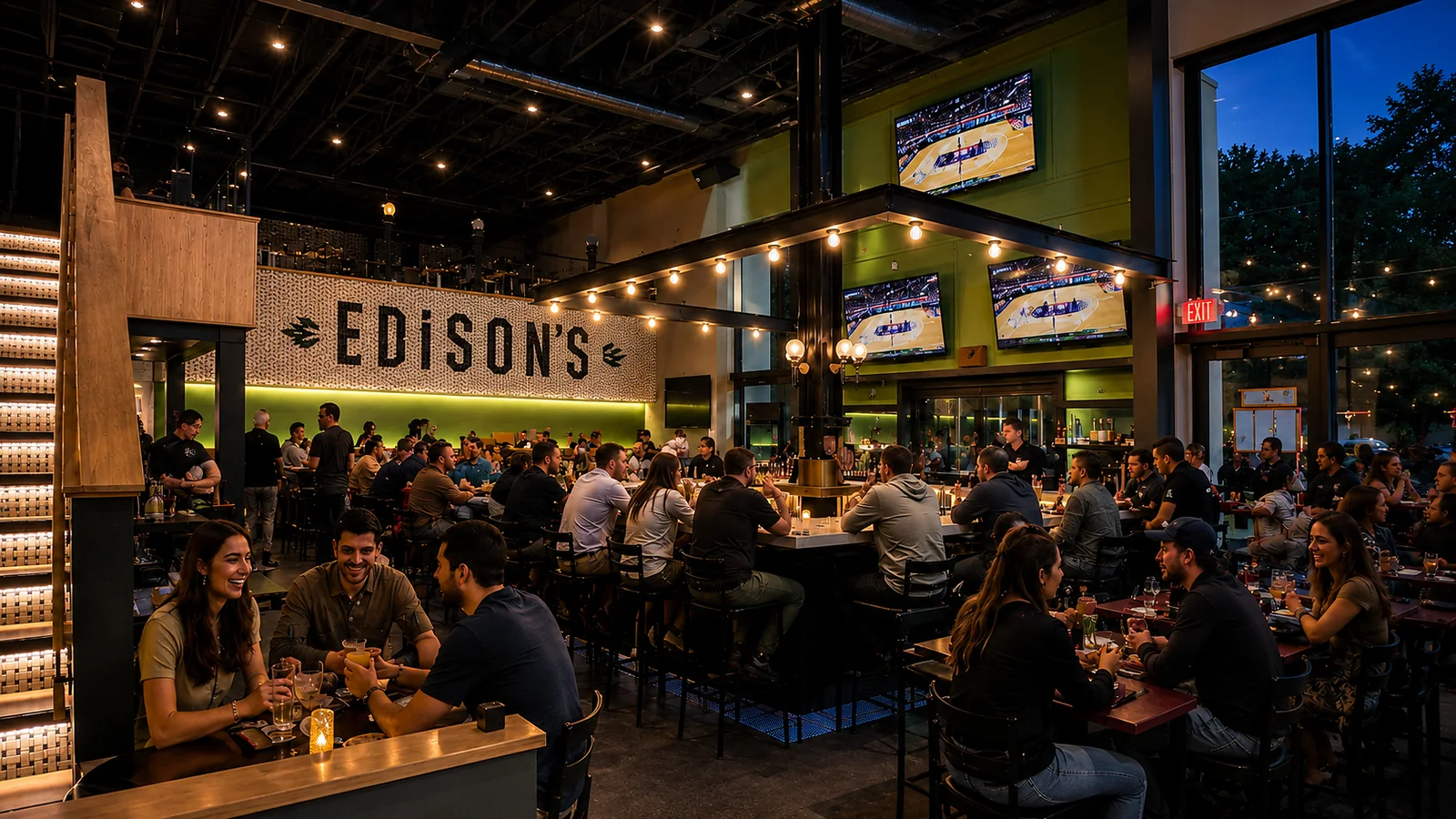 Interior of Edison's Gastropub bar with edison bulbs